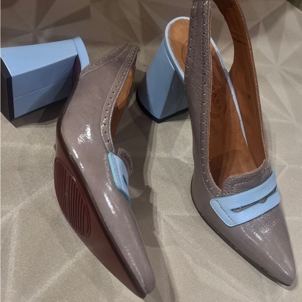 Chie Mihara Patent Leather Slingback Heels EU 36 Made in Spain Taupe & Blue NWT - Picture 9 of 9